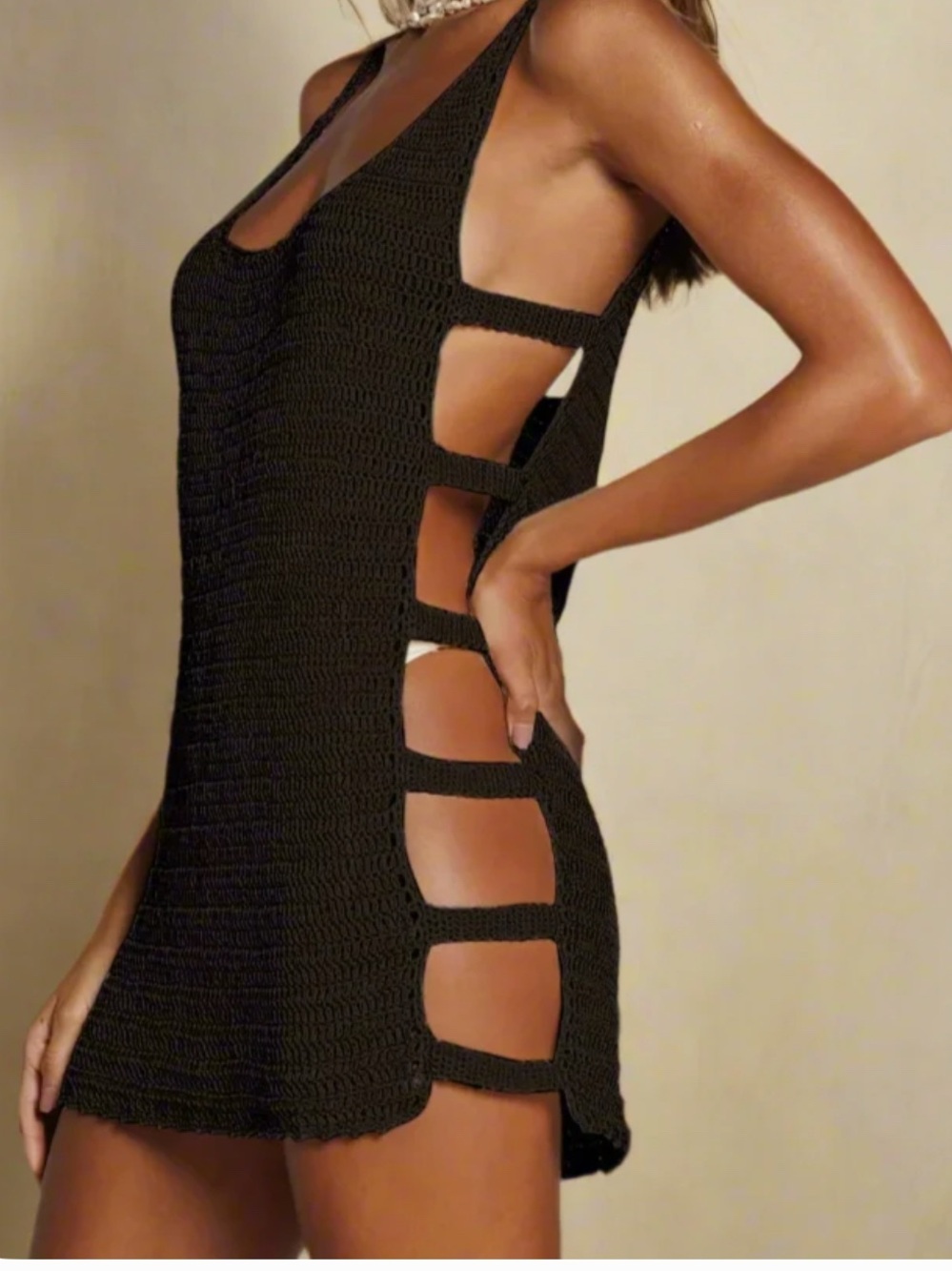 Black Crochet Side-Strip Swim Coverup